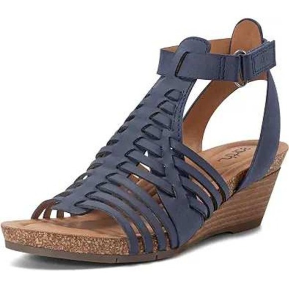 Earth Shoes - Earth Womens Hattie Fisherman Wedge Sandals Dark Blue Leather Strappy Size 8.5